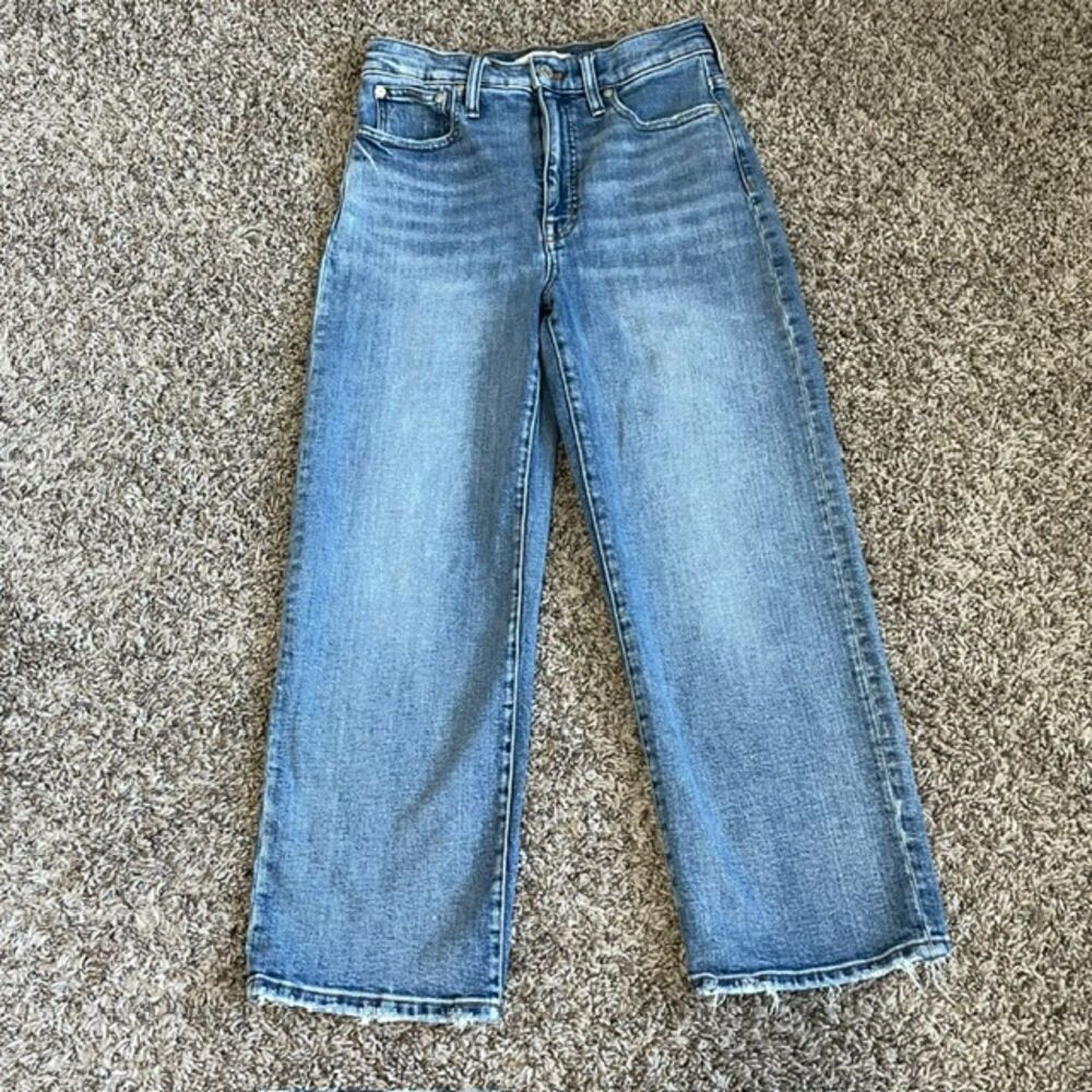 Madewell Slim Wide Leg Crop Jeans Size 27 Medium Wash Blue Raw Hem High Rise
